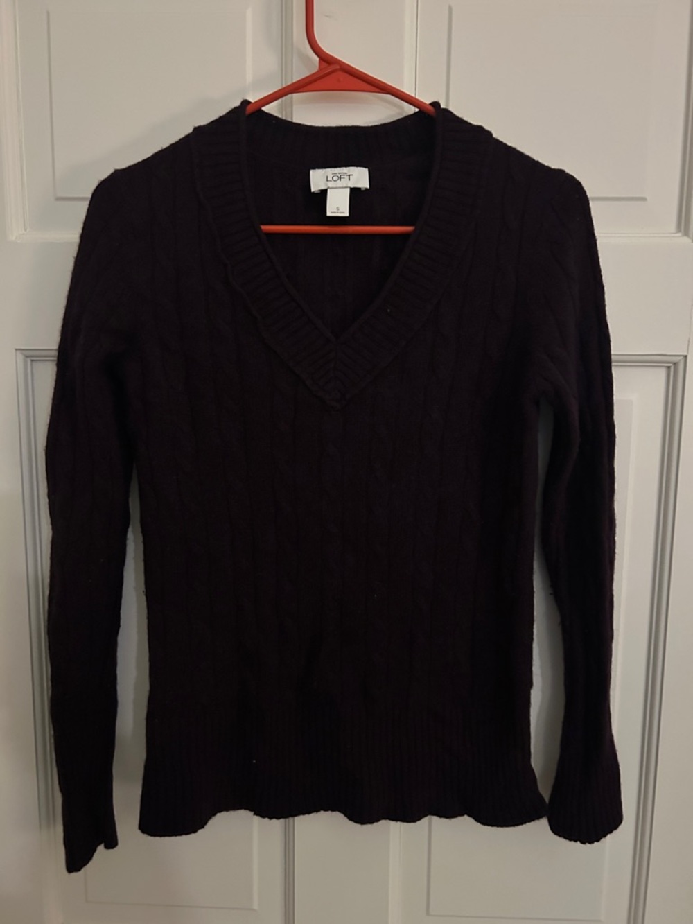 LOFT V-Neck Cable Knit Sweater in Deep Purple